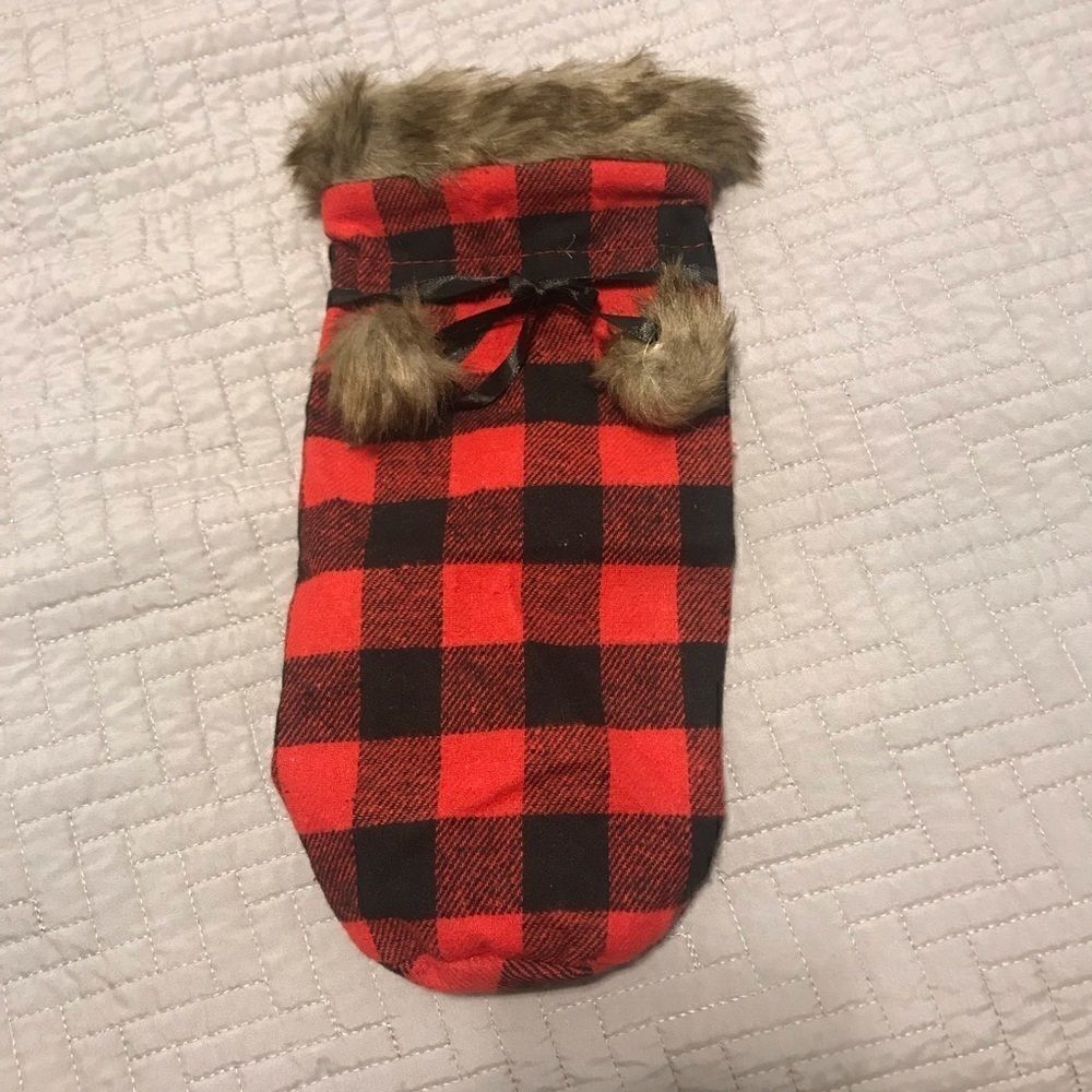 Chriistmas Flannel Giftbag w faux trim and pompoms and matching plaid napkins